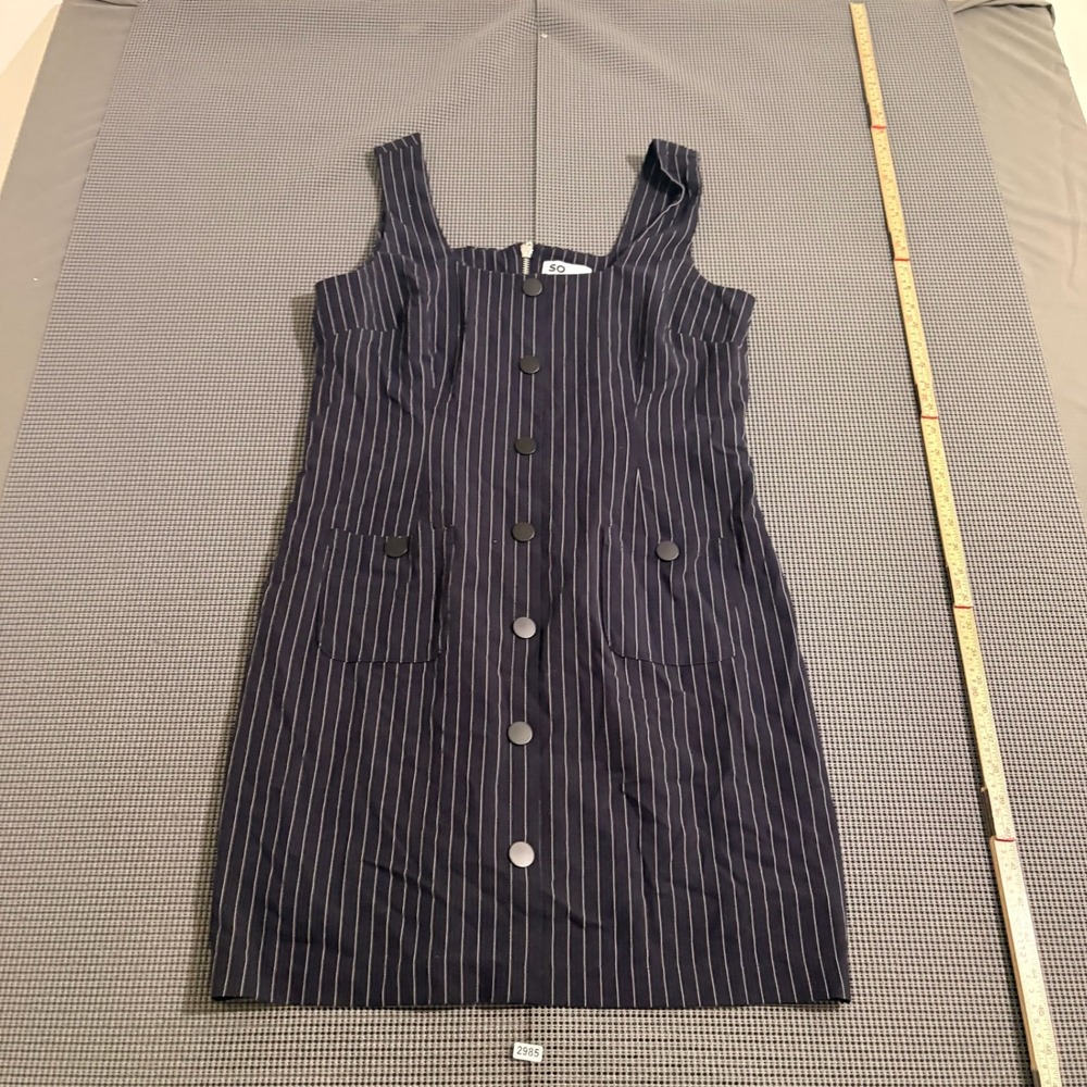 SO Womens Pinstripe Sleeveless Button Front Pocket Mini Dress Navy Blue Size L